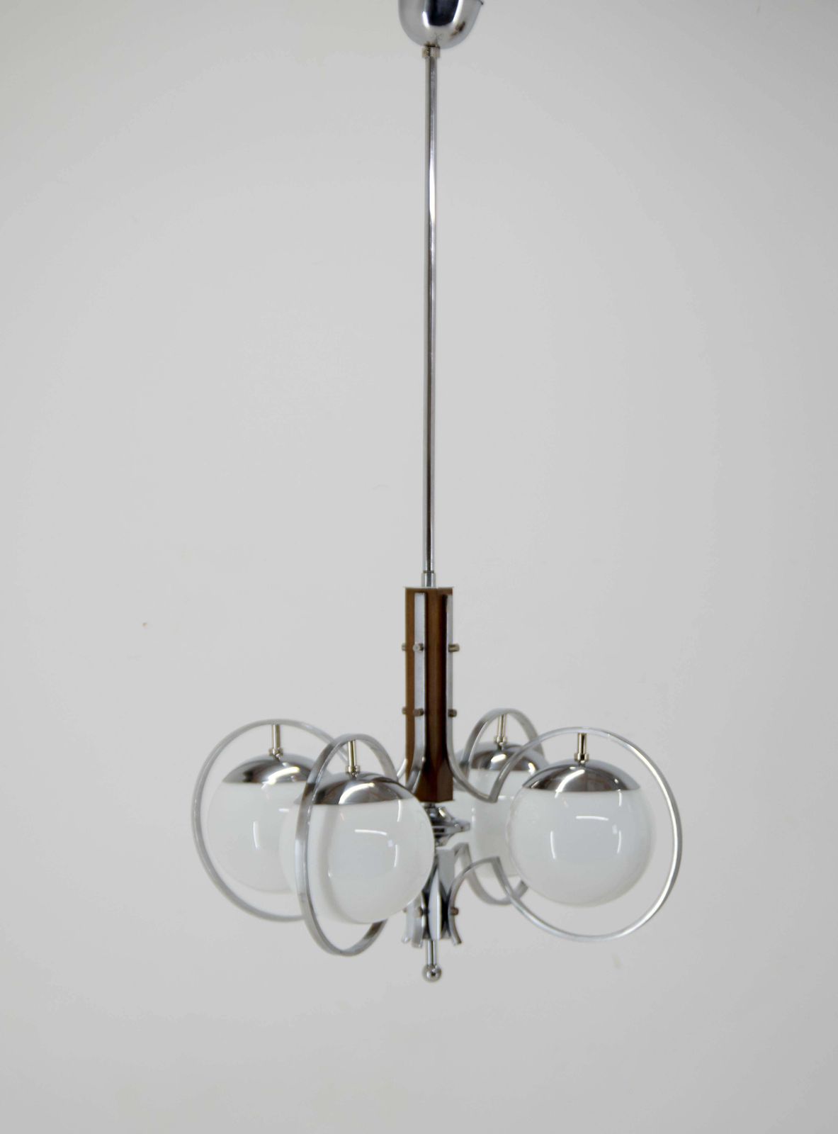 Art Deco Opaline Glass Wood And Chrome Chandelier photo Lighting