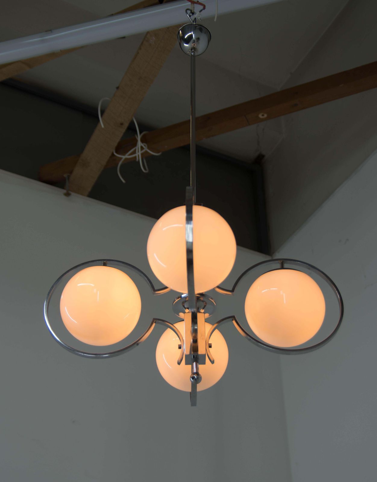 photo for sale Art Deco Opaline Glass Wood And Chrome Chandelier