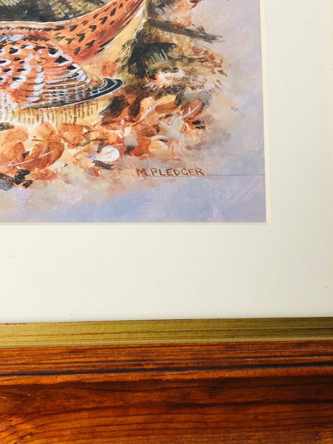 M Pledger Original Painting Wildlife Bird In Nest Autumnal Colours In Chunky Stained Pine Frame Vintage (P) photo Art
