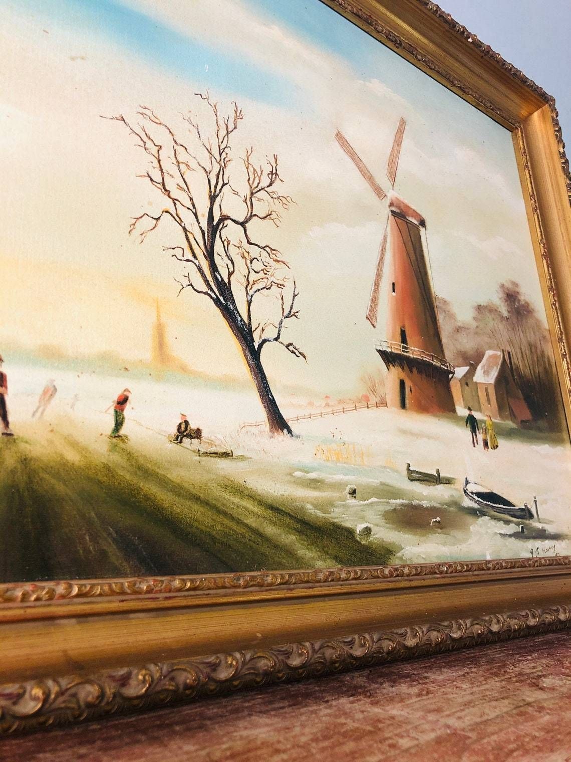 Winter Frozen Wintery Scene   Oil Painting In Gold Gilt Chunky Frame   River Snow Windmill (Hh) photo vintage