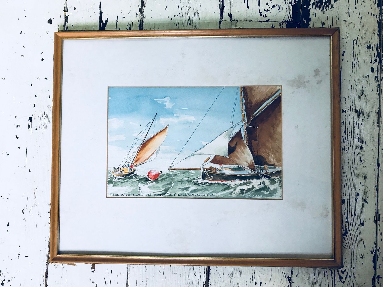 Vintage Mid Century Watercolour Essex   Rounding The Clacton Pier Mark Colne Sailing Barge & Smack Race   Nautical Boats Fishing