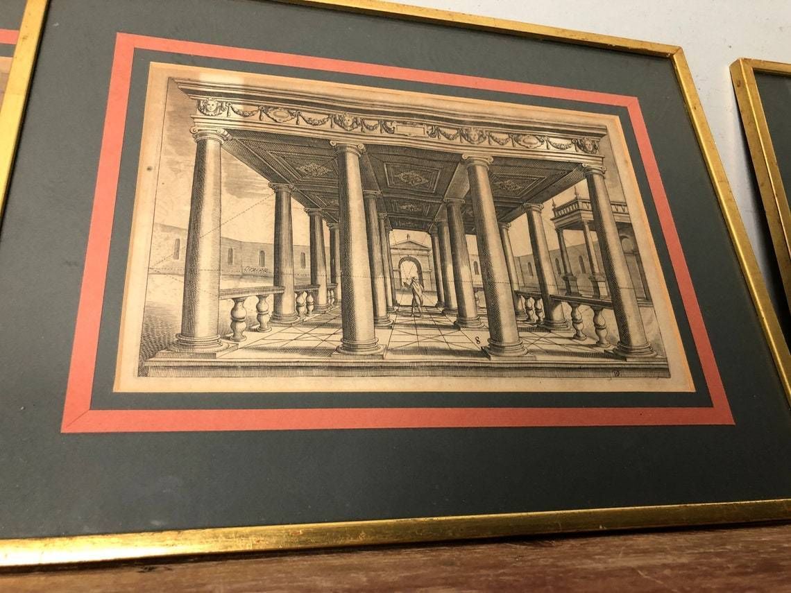 Antique Set Of 4 Henricus Hondius Linea Perspective 17th Century Engravings Renaissance Drawing Plans Rare Framed Prints (L) photo for sale