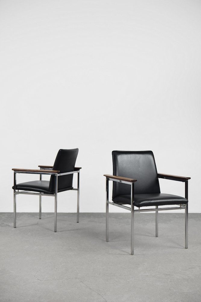Mid Century Scandinavian Black Leather Armchair By Sigvard Bernadotte For France & Søn, 1960s, Set Of 2 photo for sale