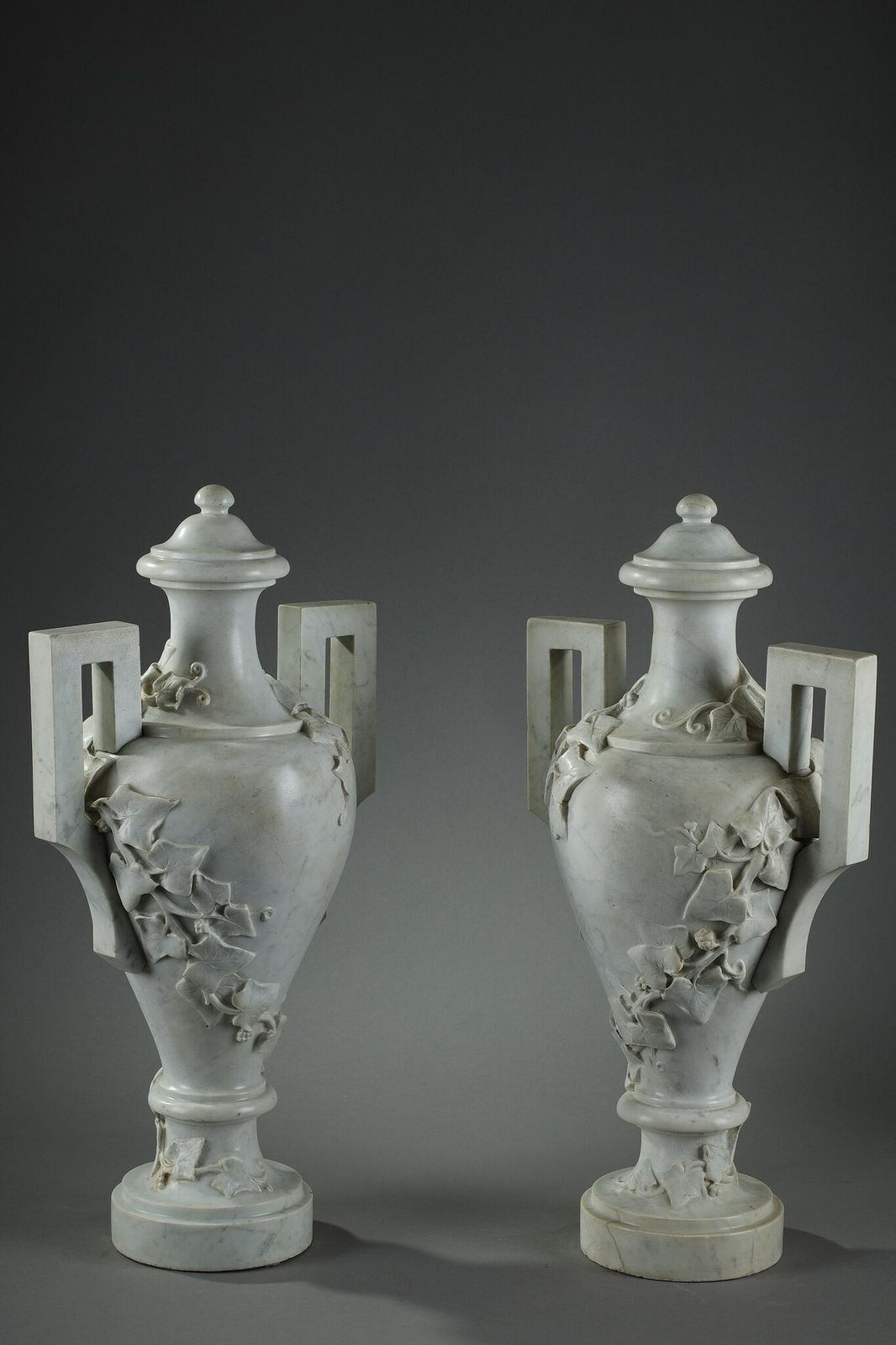 Pair Of White Marble Vases, 19th Century photo for sale