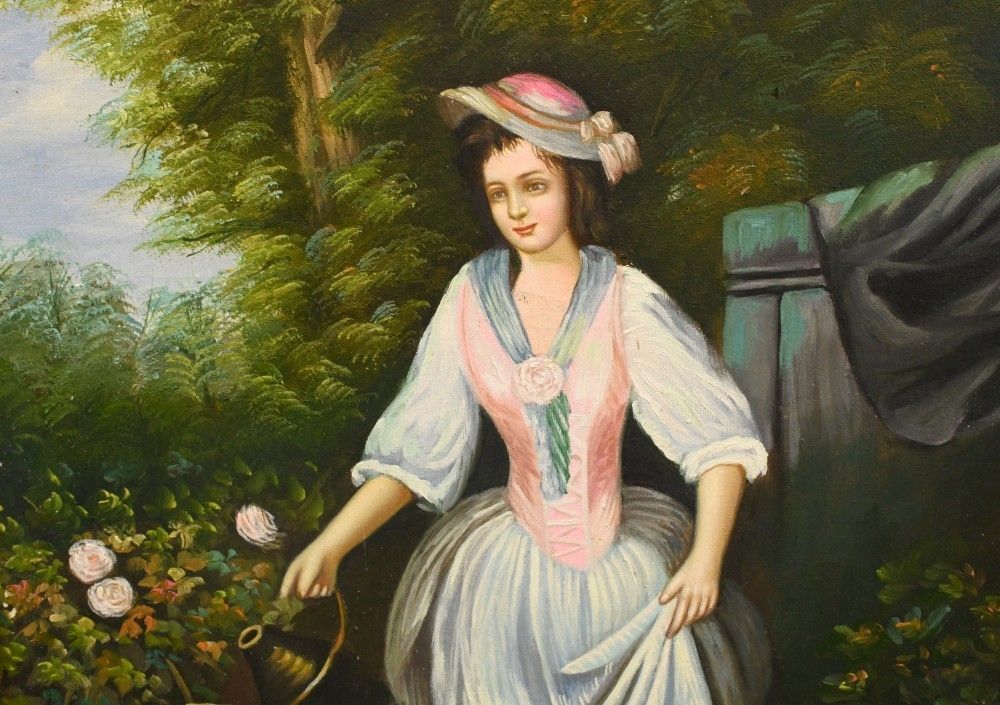 Victorian Oil Painting Gardening Lady Portrait Gilt Frame photo buy