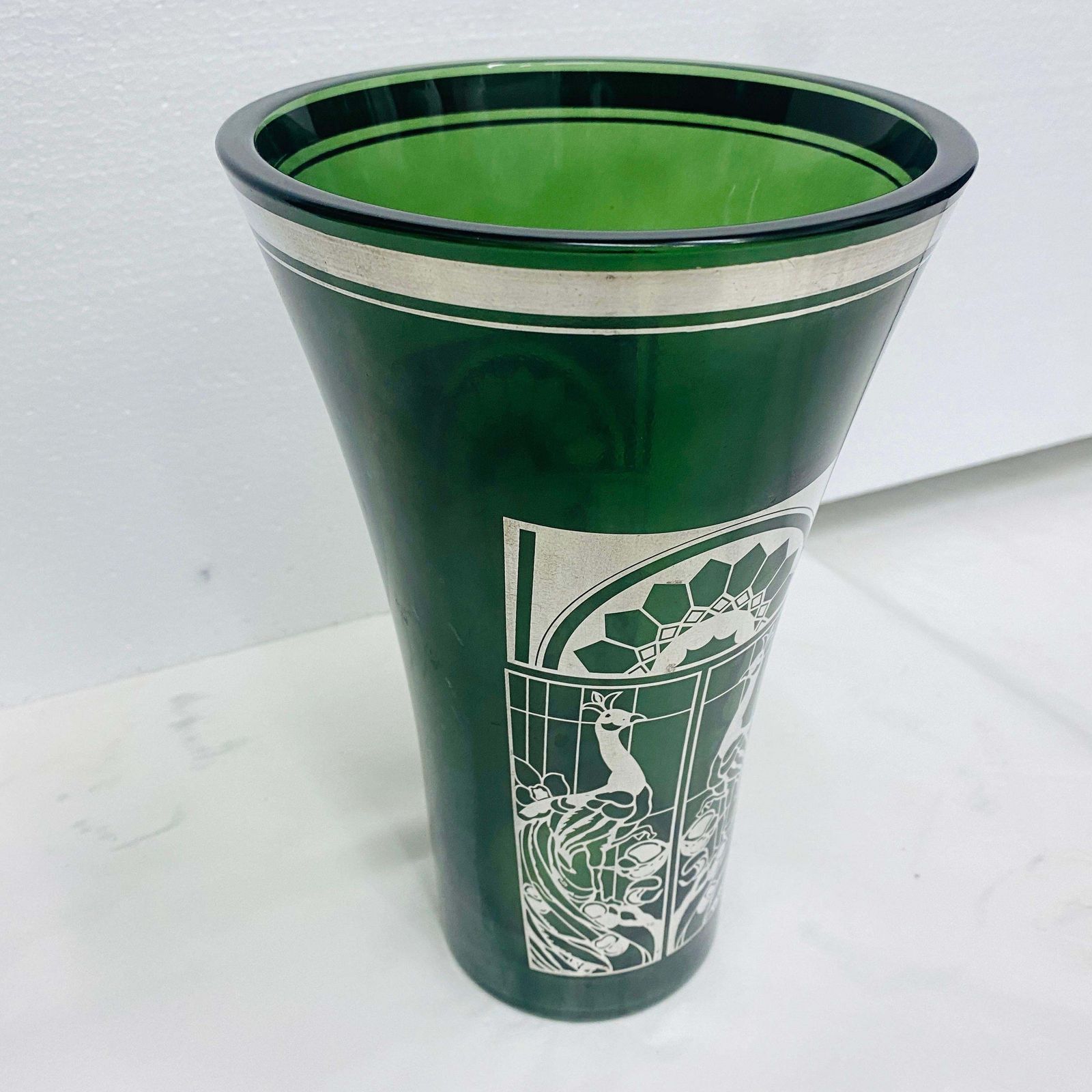 1900 Art Nouveau Green Glass And Silver Italian Vase photo for sale