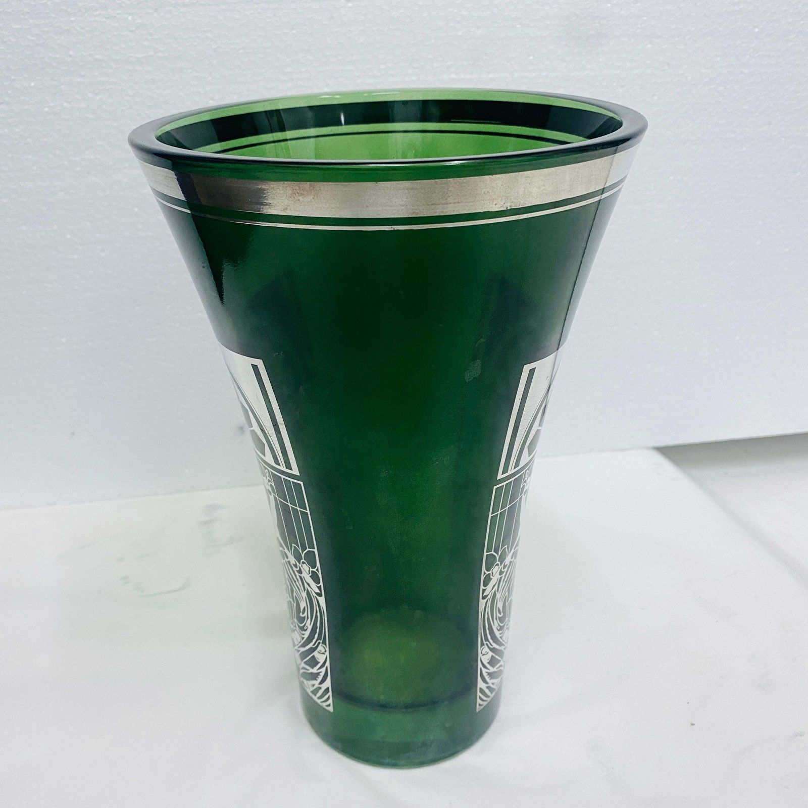 1900 Art Nouveau Green Glass And Silver Italian Vase photo Home Decor