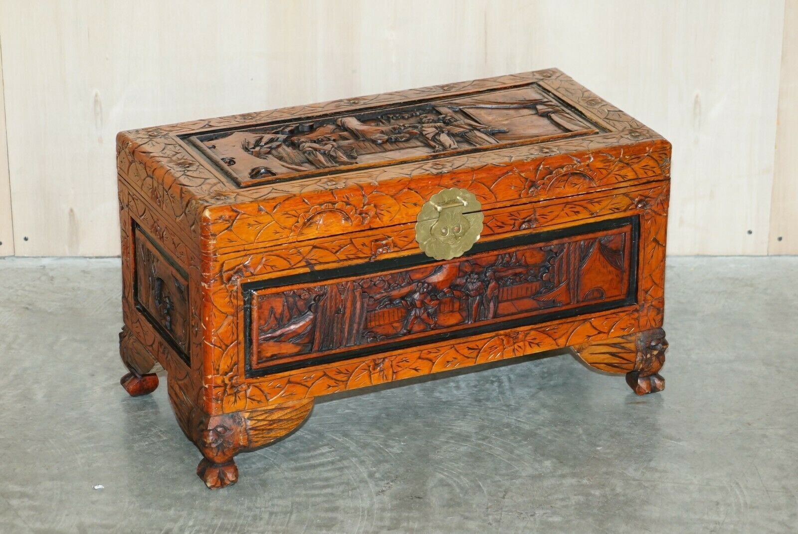 Antique Circa 1900 Hand Carved Chinese Camphor Wood Travelling Trunk Nice Finish photo furniture