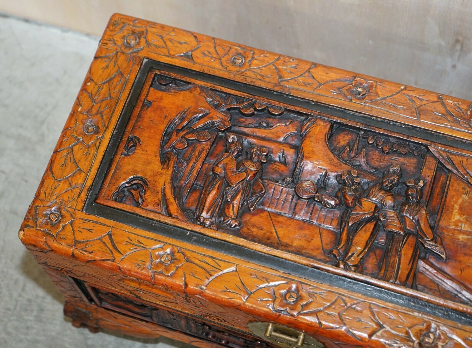 Antique Circa 1900 Hand Carved Chinese Camphor Wood Travelling Trunk Nice Finish photo 950.0