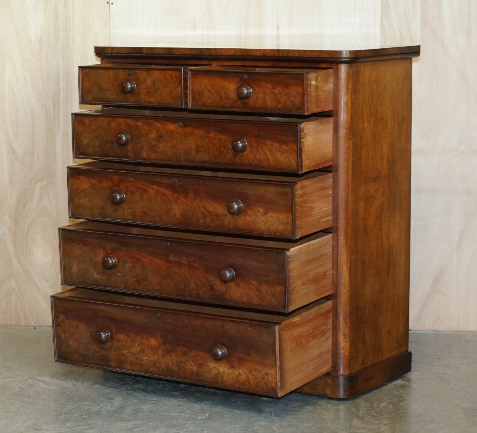 photo for sale Antique Victorian Flamed Mahogany Two Over Four Chest Of Drawers Timber Patina