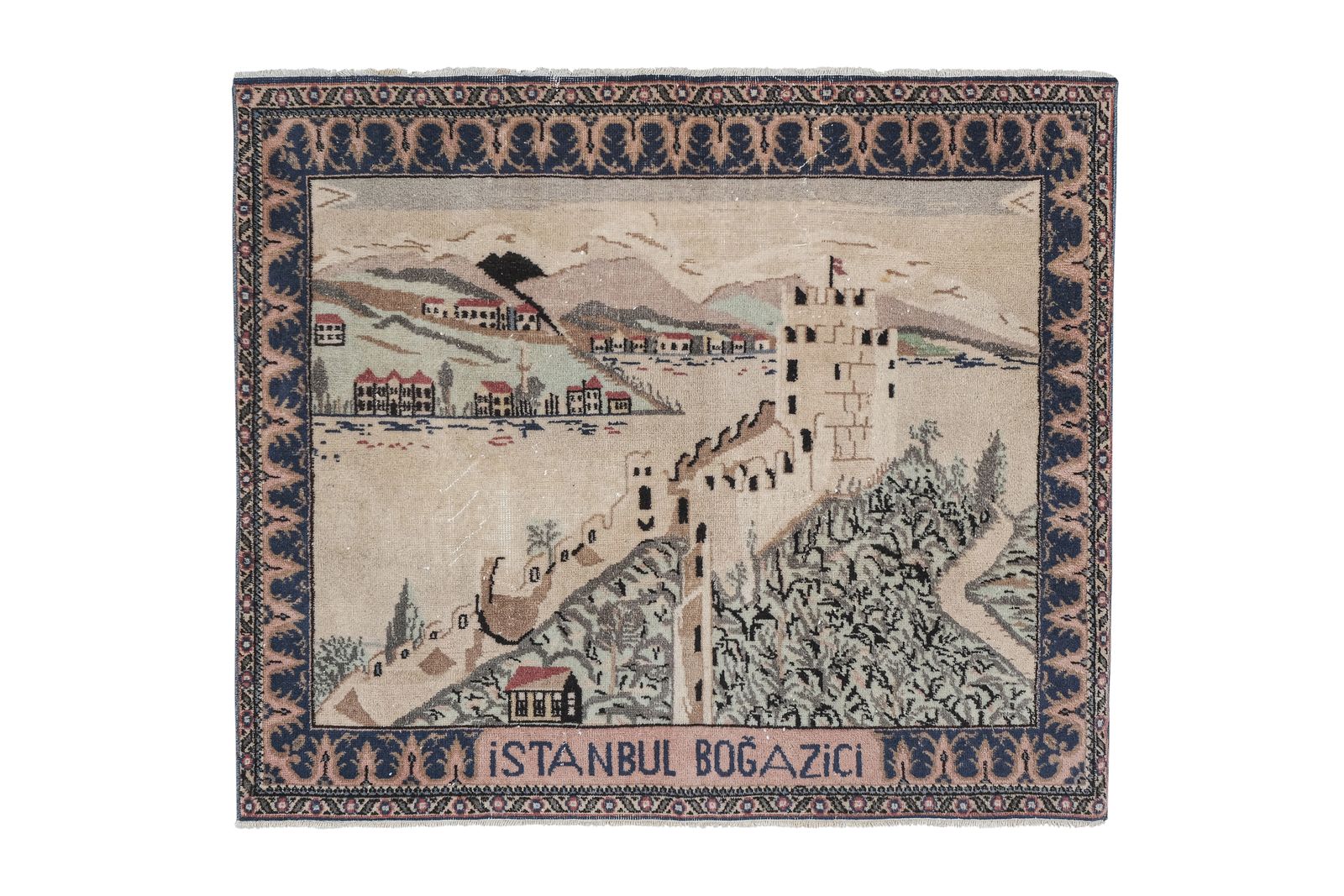 1970 Vintage Pictorial Village Turkish Tapestry  130 X 155 Cm