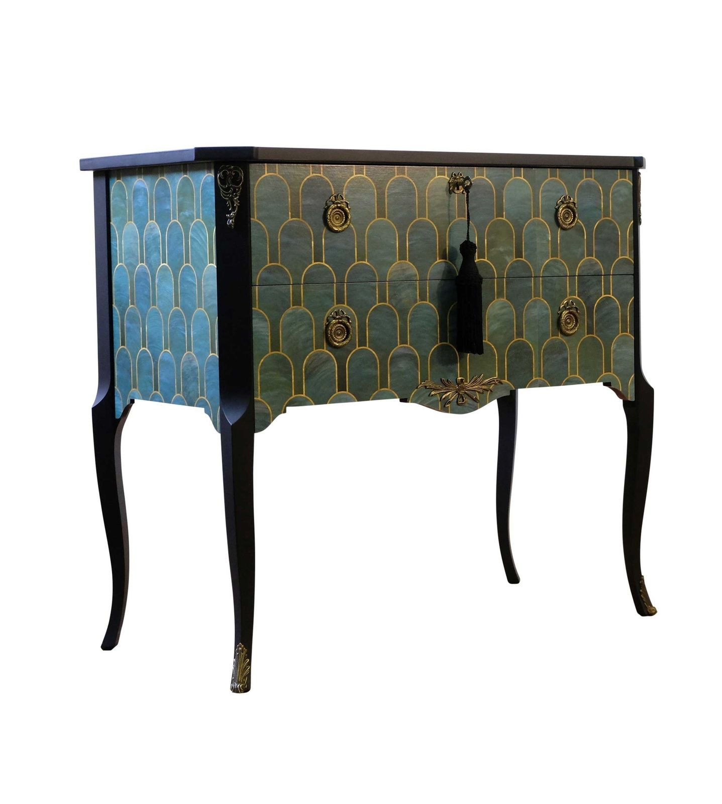 Gustavian Style Commode With Art Deco Green & Gold Design photo furniture