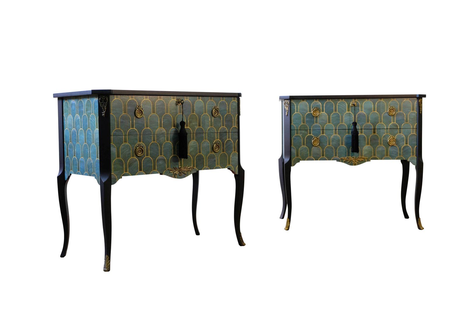 Gustavian Style Commode With Art Deco Green & Gold Design   Pair