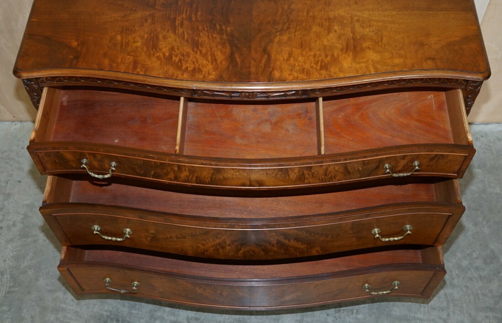 2750.0 Antique Serpentine Fronted Claw & Ball Feet Flamed Mahogany Chest Of Drawers photo