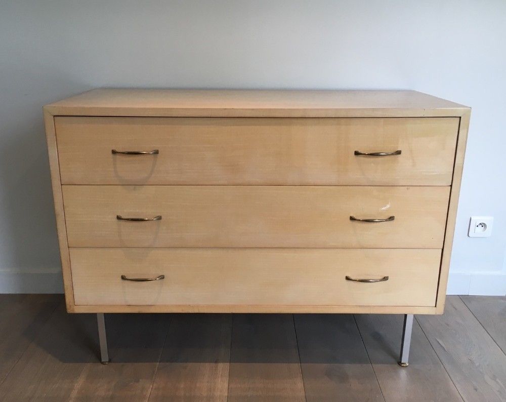 In The Style Of Knoll. Egg Shell Lacquered Commode With Brushed Steel Feet. French . Circa 1970 photo for sale