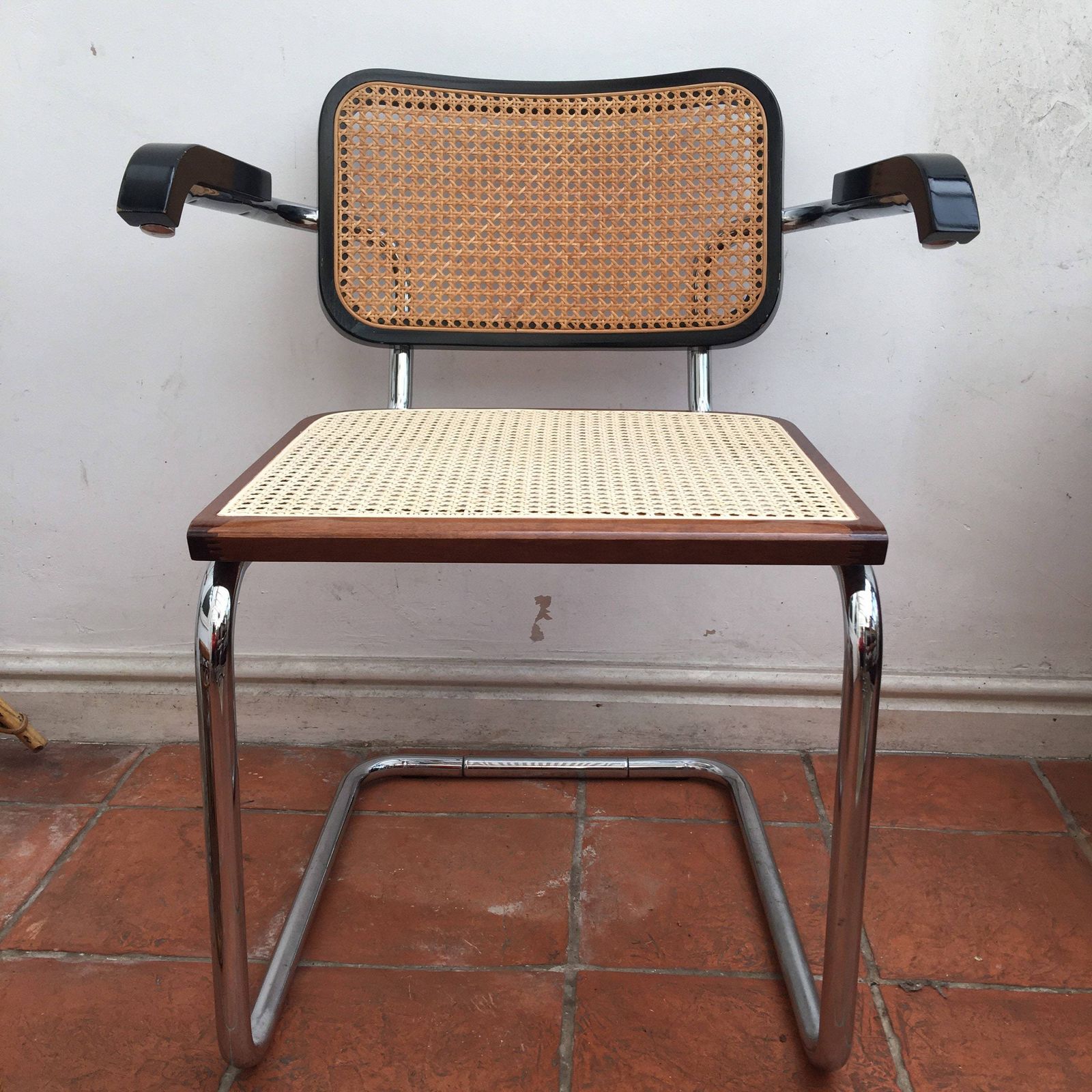 Cesca Black And Chrome & Rattan Dining Chair With Arms photo vintage