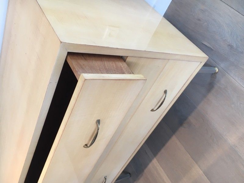 In The Style Of Knoll. Egg Shell Lacquered Commode With Brushed Steel Feet. French . Circa 1970 photo buy