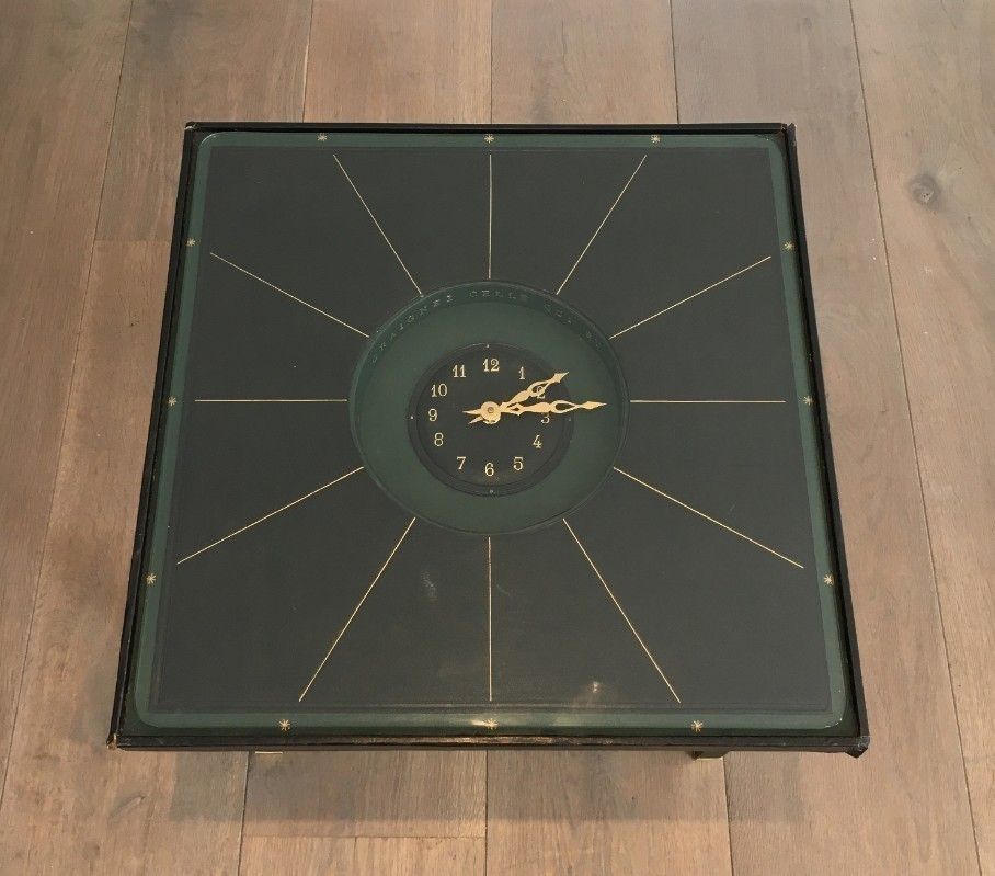 In The Style Of Jacques Adnet. Rare Black Leather And Brass Small Clock Table. French. Circa 1950 photo for sale