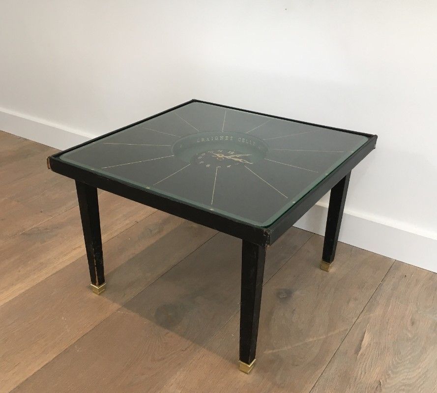 In The Style Of Jacques Adnet. Rare Black Leather And Brass Small Clock Table. French. Circa 1950 photo buy