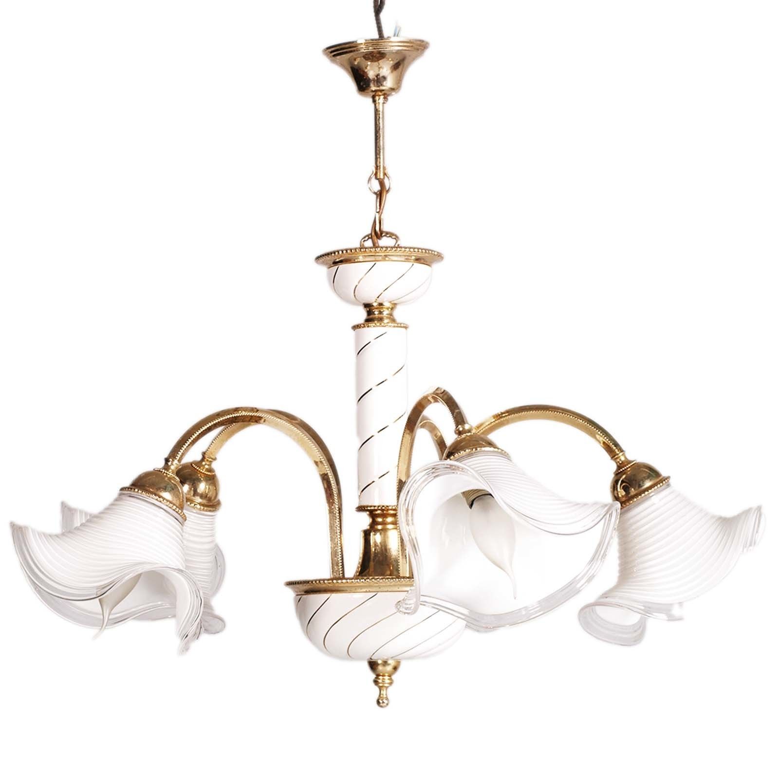 Venice Murano Glass Chandelier Mazzega 1970s, 5 Lights, Golden Metal Milky Glass