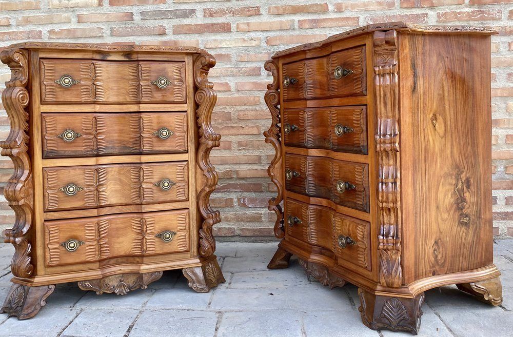 Early 20th Century Italian Burl Walnut And Fruitwood Bedside Commodes, Set Of 2 photo for sale
