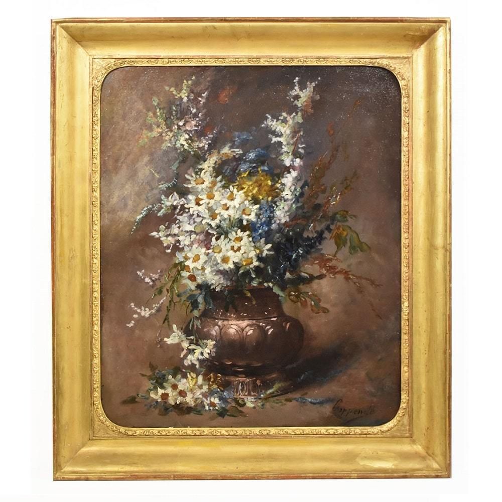 Still Life Painting, White Daisies, Coppenolle, Antique Oil, XIX Century. (Qf393)