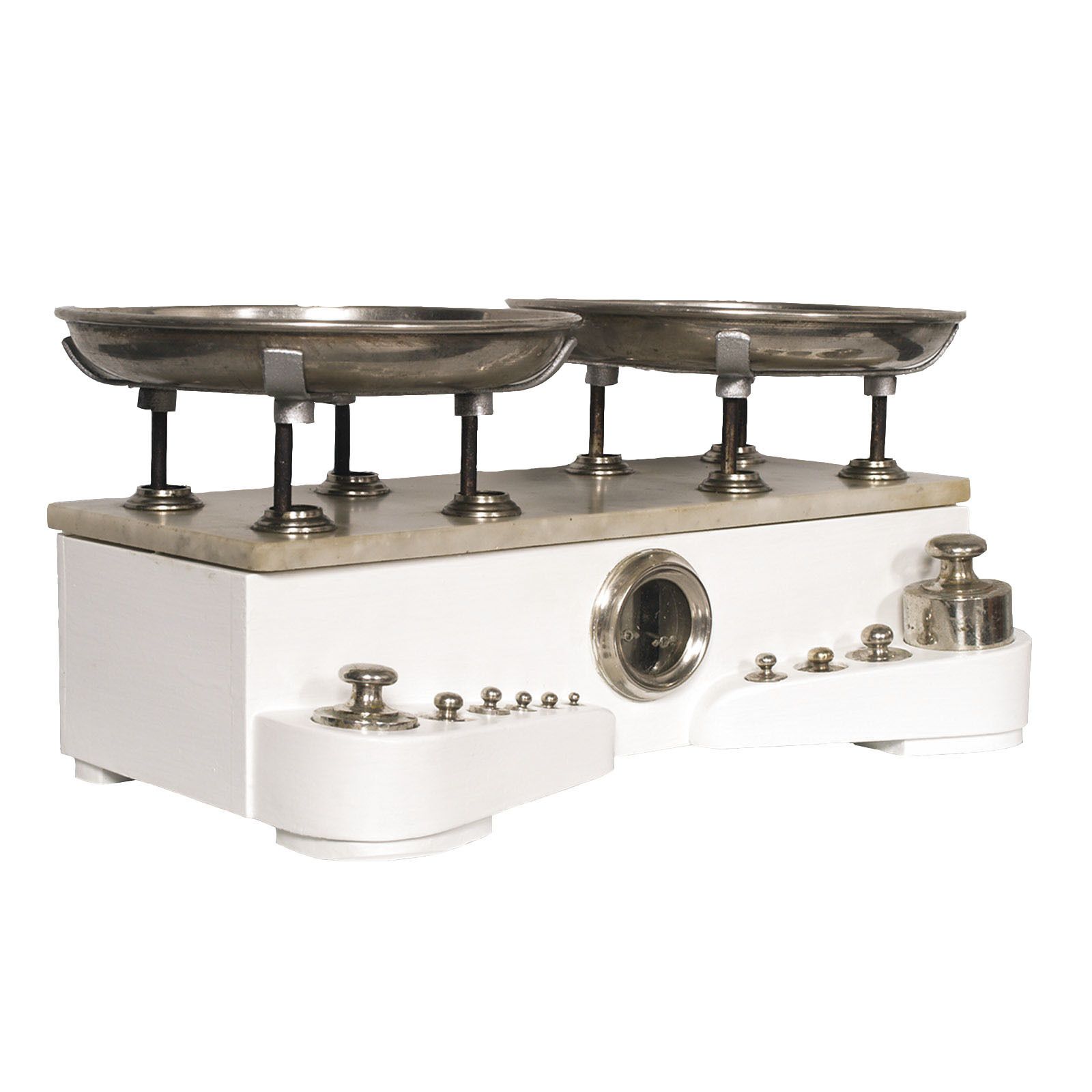Antique Italian Bench Weight Scale, Chromed Brass And Lacquered Wood, 10 Weights S