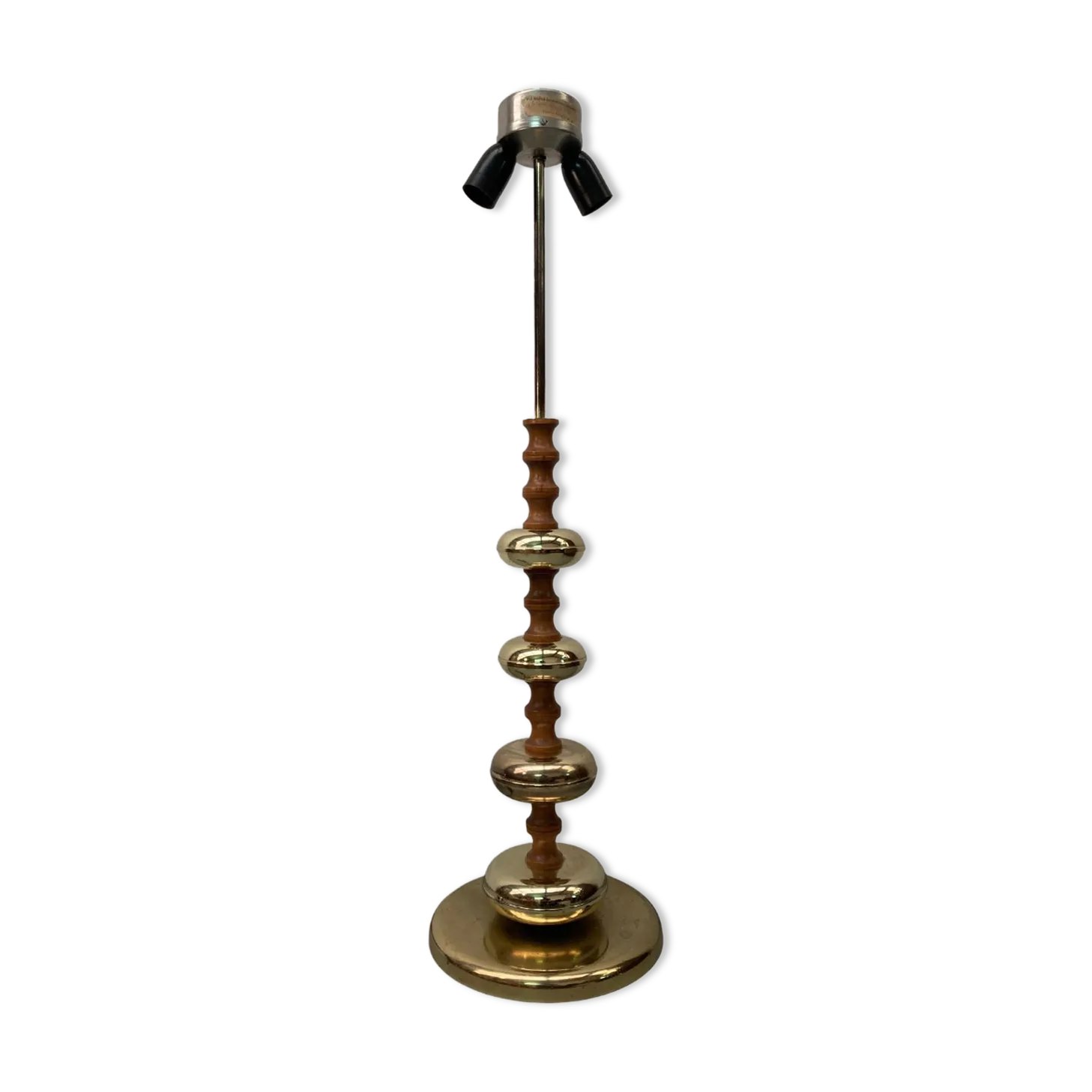 Brass And Wood Turned Large Table Lamp By Veb Narva Leuchtenbau Germany, 1970s