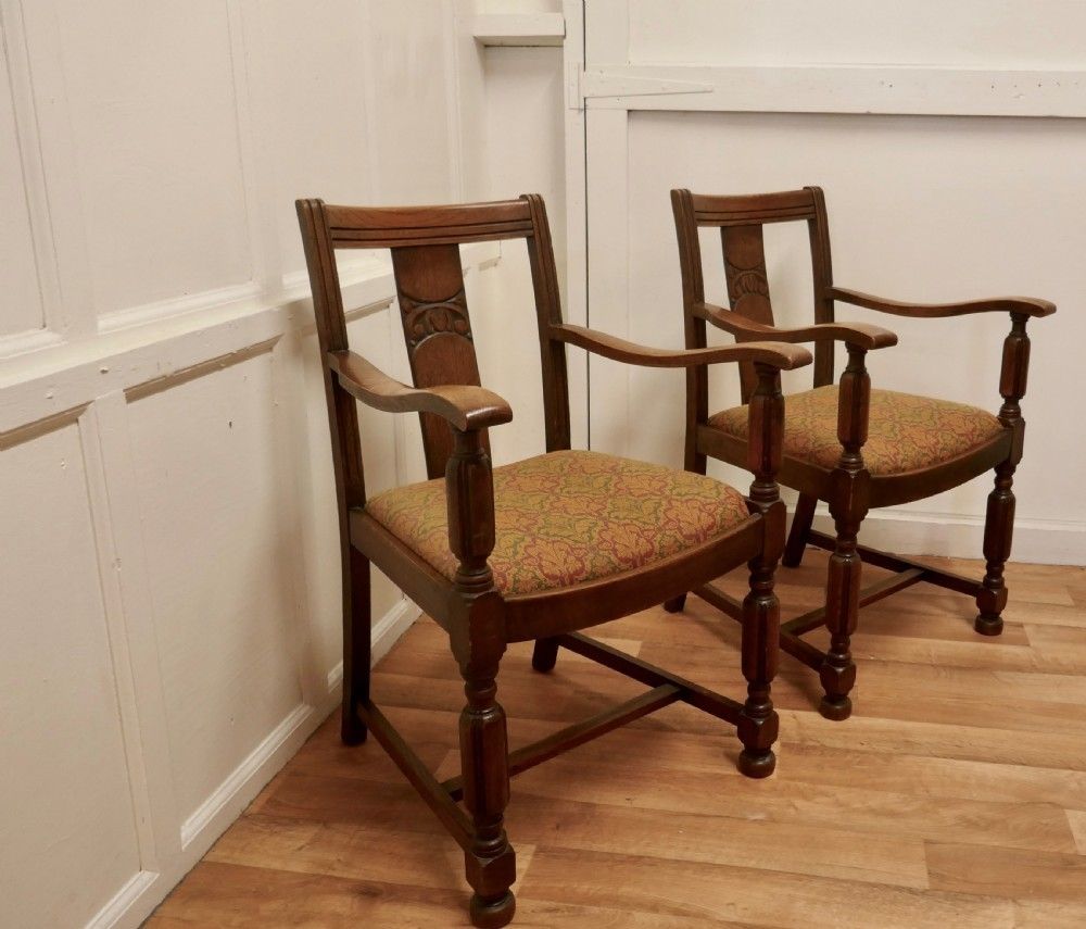 Pair Of Arts And Crafts Golden Oak Carver Chairs photo for sale