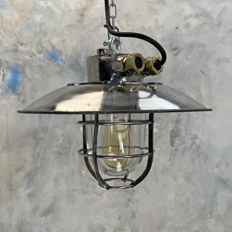 1980's Japanese Cast Steel Explosion Proof Pendant   Glass Dome, Shade & Cage