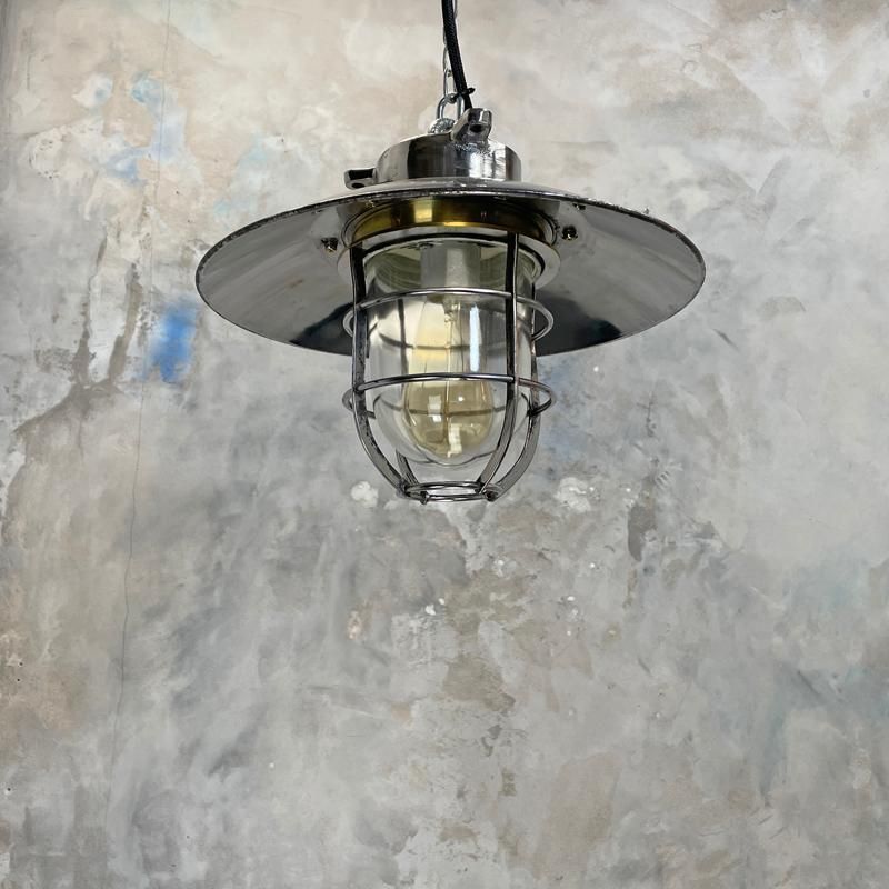 photo vinterior 1980's Japanese Cast Steel Explosion Proof Pendant   Glass Dome, Shade & Cage