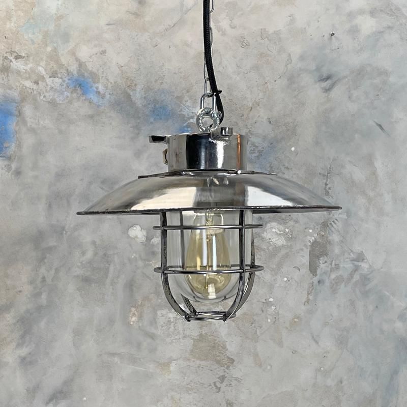 photo buy 1980's Japanese Cast Steel Explosion Proof Pendant   Glass Dome, Shade & Cage