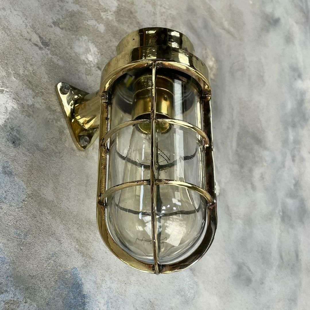 1970's Dutch Industrial Rotterdam Brass 90 Degree Wall Lamp   Glass Dome & Cage photo buy