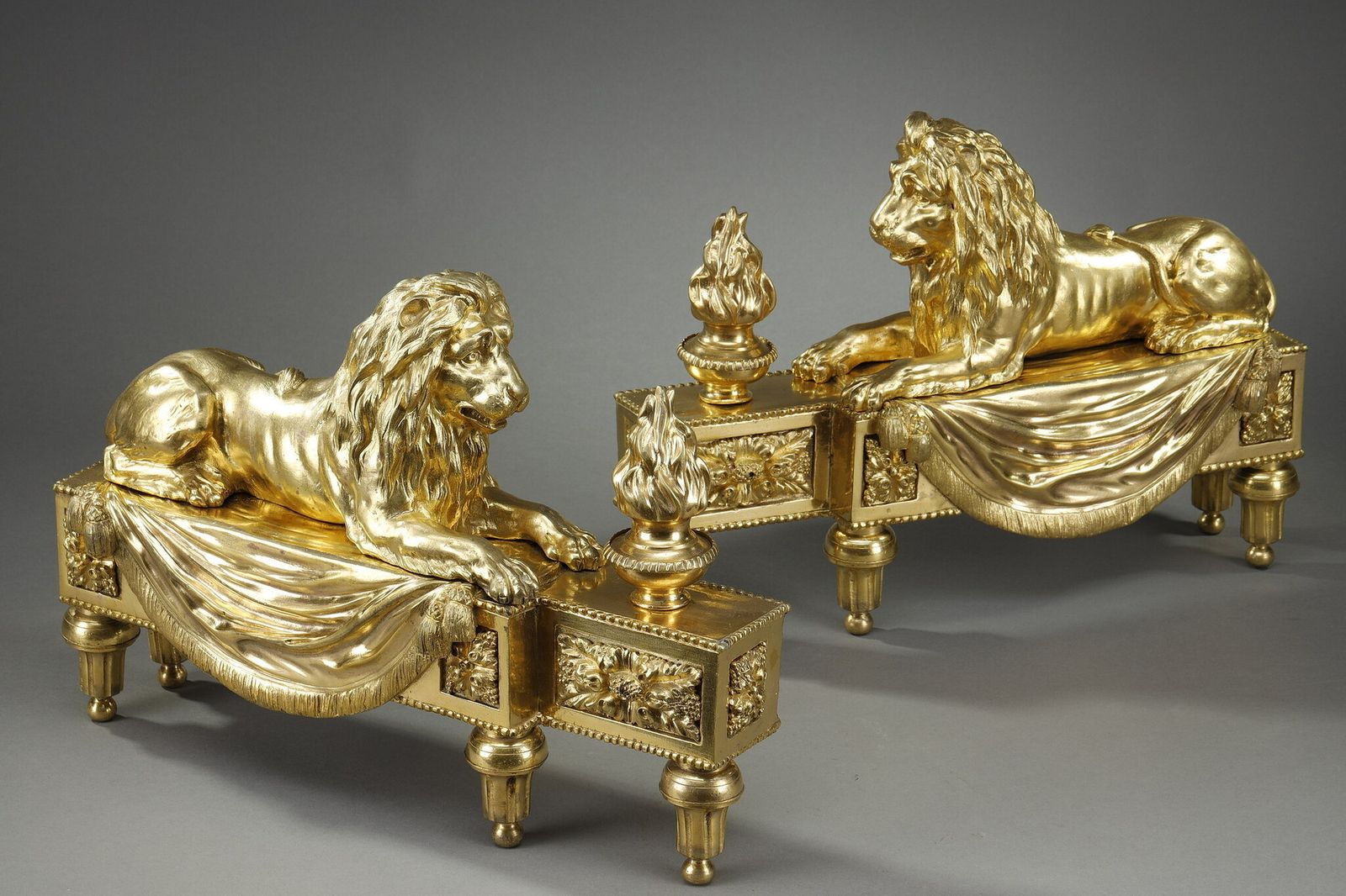 Pair Of Andirons With Lions In Bronze Chased And Gilded photo Art