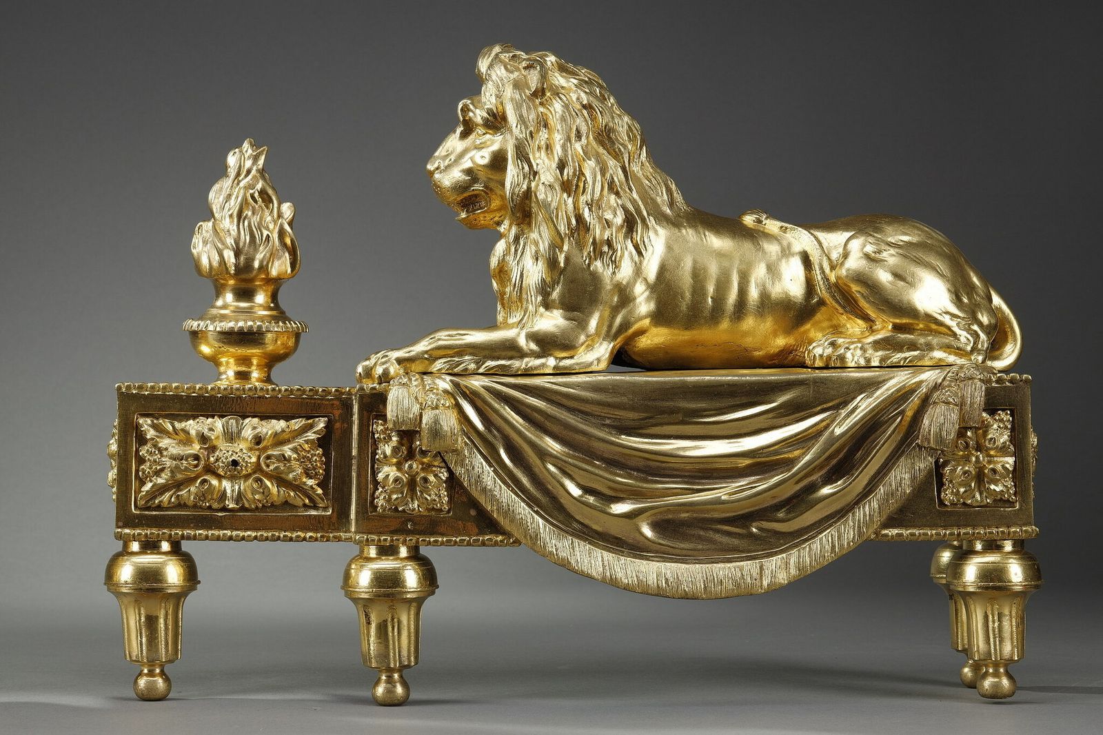 Pair Of Andirons With Lions In Bronze Chased And Gilded photo vinterior