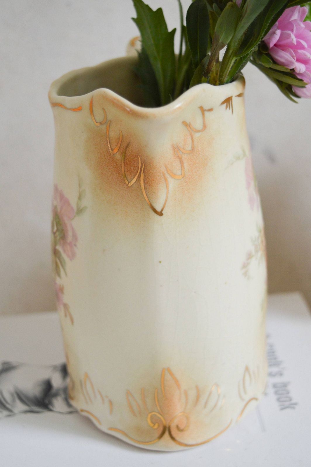 Antique Porcelain Gilded Floral Jug, Hand Painted Blush Ivory 'Chrysanthemum & Rose' Jug, Circa 1900 Victorian Decorative Vase/Pitcher photo for sale