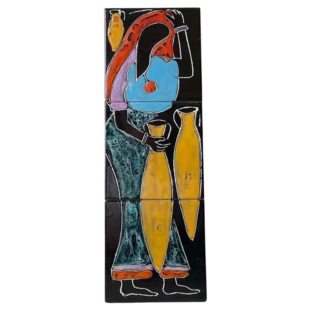 Italian Ceramic Wall Plaque Of African Water Woman, 1970s