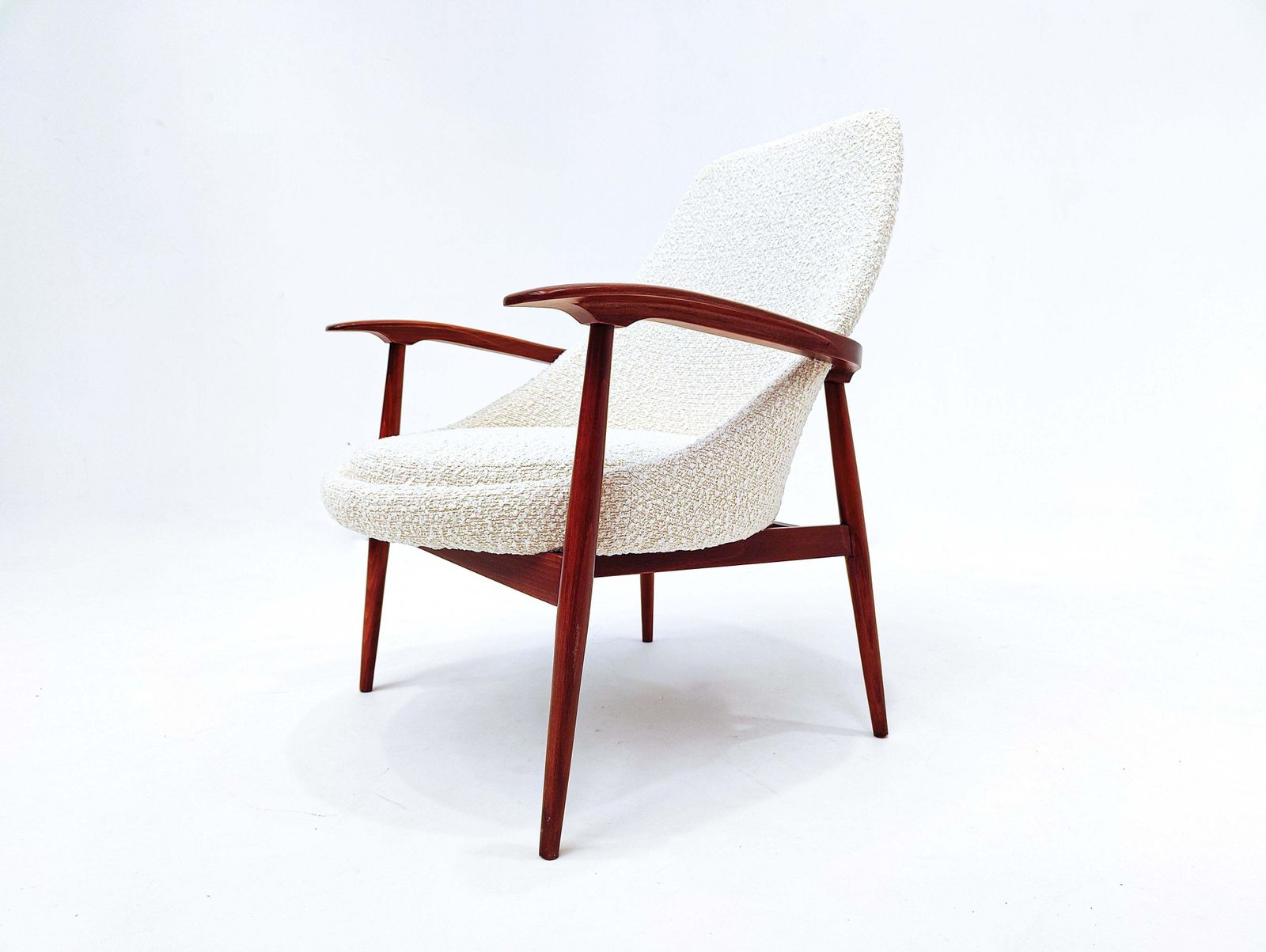 Pair Of Mid Century Armchairs, Wood And White Boucle Fabric, Italy 1960s photo buy