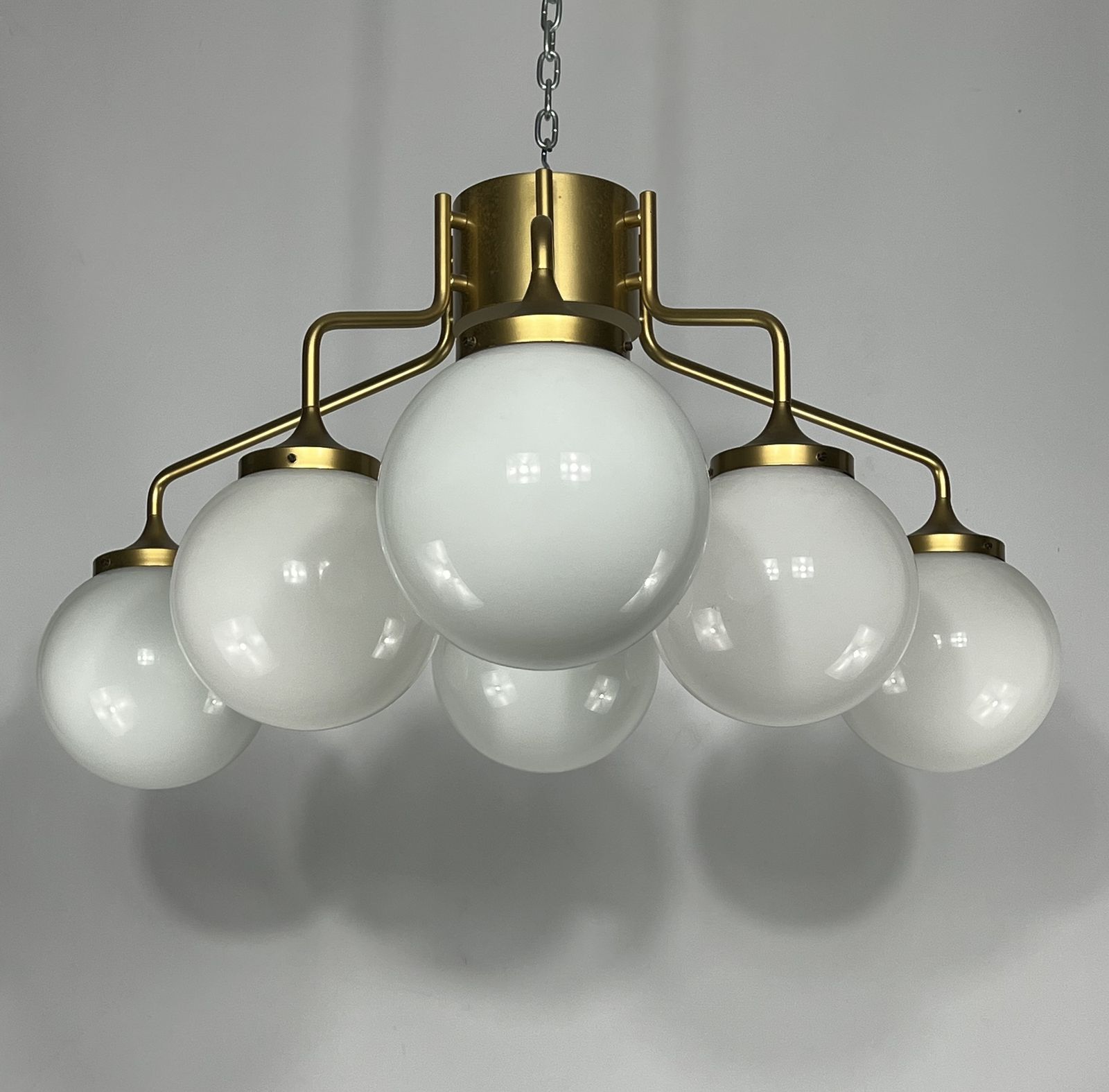 photo for sale Monumental Mid Century Brass And Milk Glass Ceiling Lamp By Reggiani. Italy 1970s