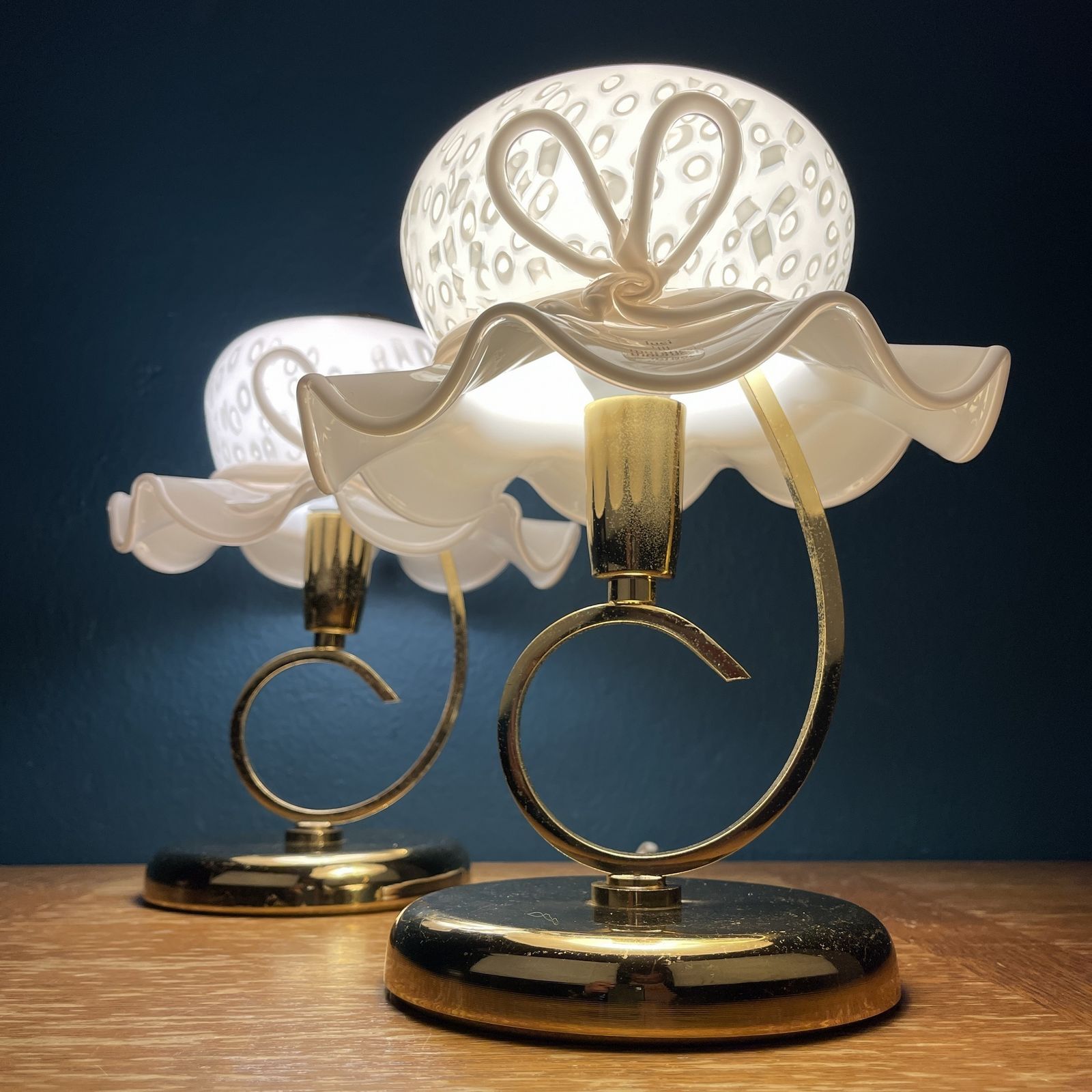 Pair Of 2 Pink Murano Table Lamps Italy 1980s Woman's Hat Murano Lamp photo for sale