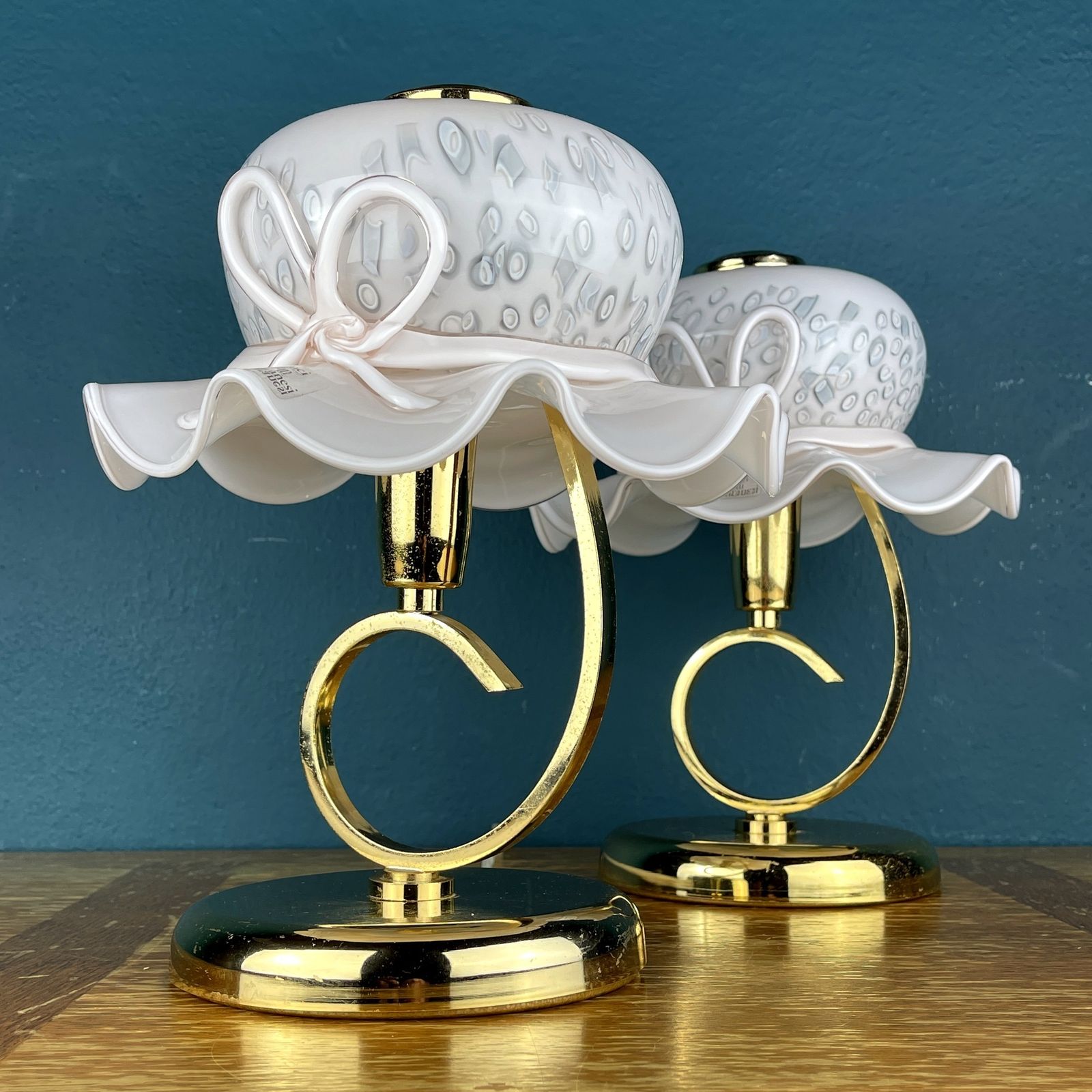 Pair Of 2 Pink Murano Table Lamps Italy 1980s Woman's Hat Murano Lamp photo Lighting