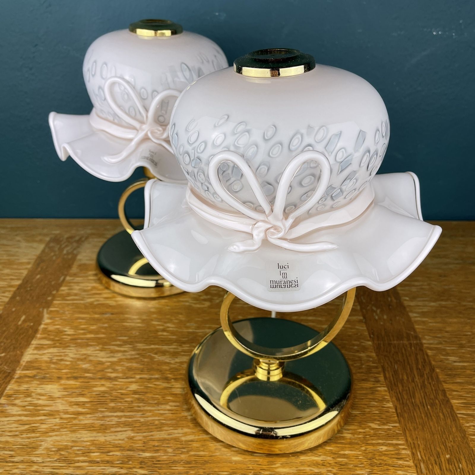 Pair Of 2 Pink Murano Table Lamps Italy 1980s Woman's Hat Murano Lamp photo 790.0