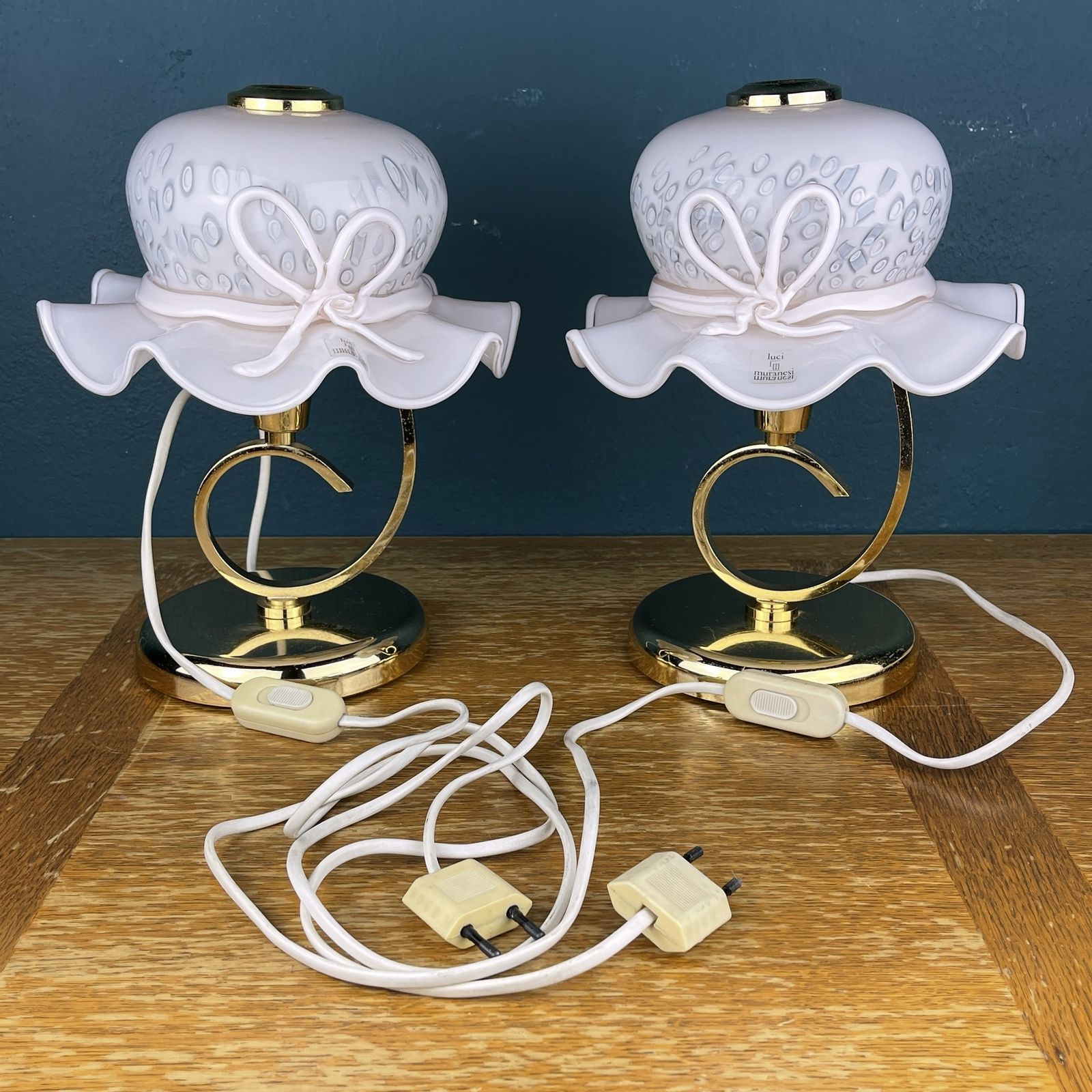 Pair Of 2 Pink Murano Table Lamps Italy 1980s Woman's Hat Murano Lamp photo vinterior