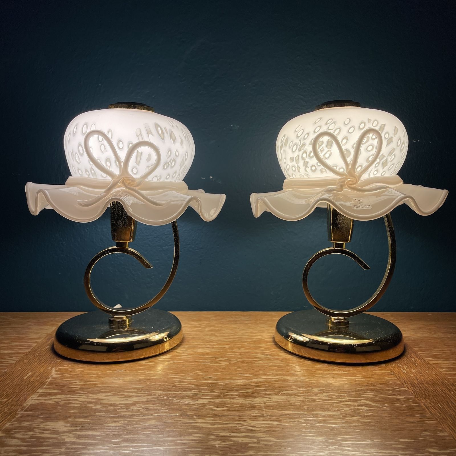 Lighting Pair Of 2 Pink Murano Table Lamps Italy 1980s Woman's Hat Murano Lamp photo