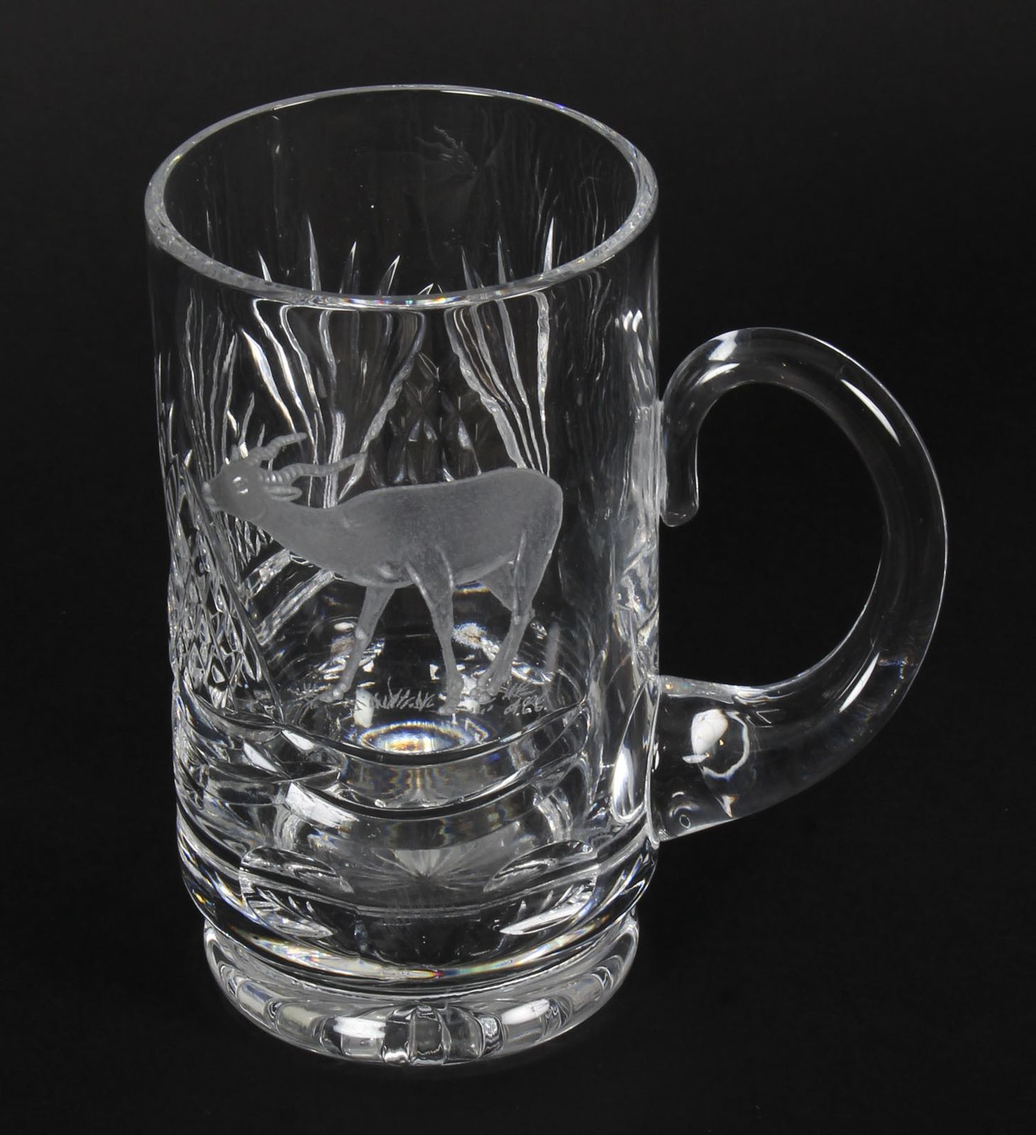 Vintage Cut Glass Tankard Engraved With Stag Signed Acc Mid 20th Century
