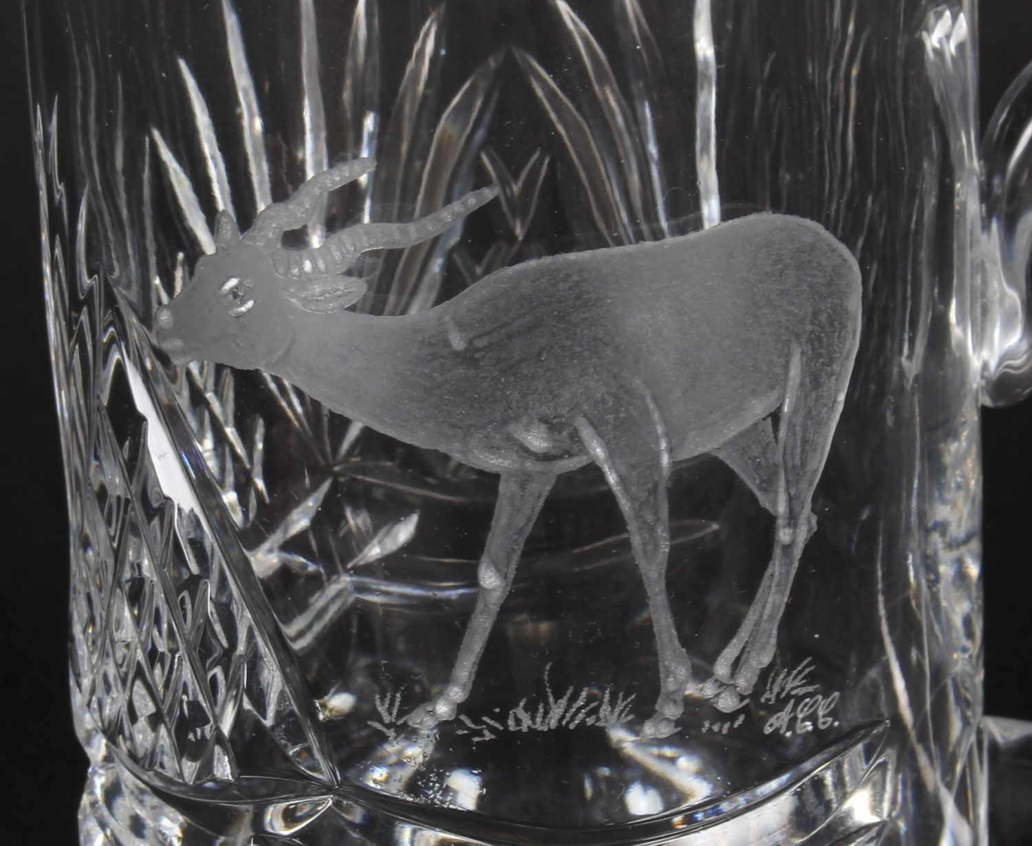 Vintage Cut Glass Tankard Engraved With Stag Signed Acc Mid 20th Century photo Home Decor