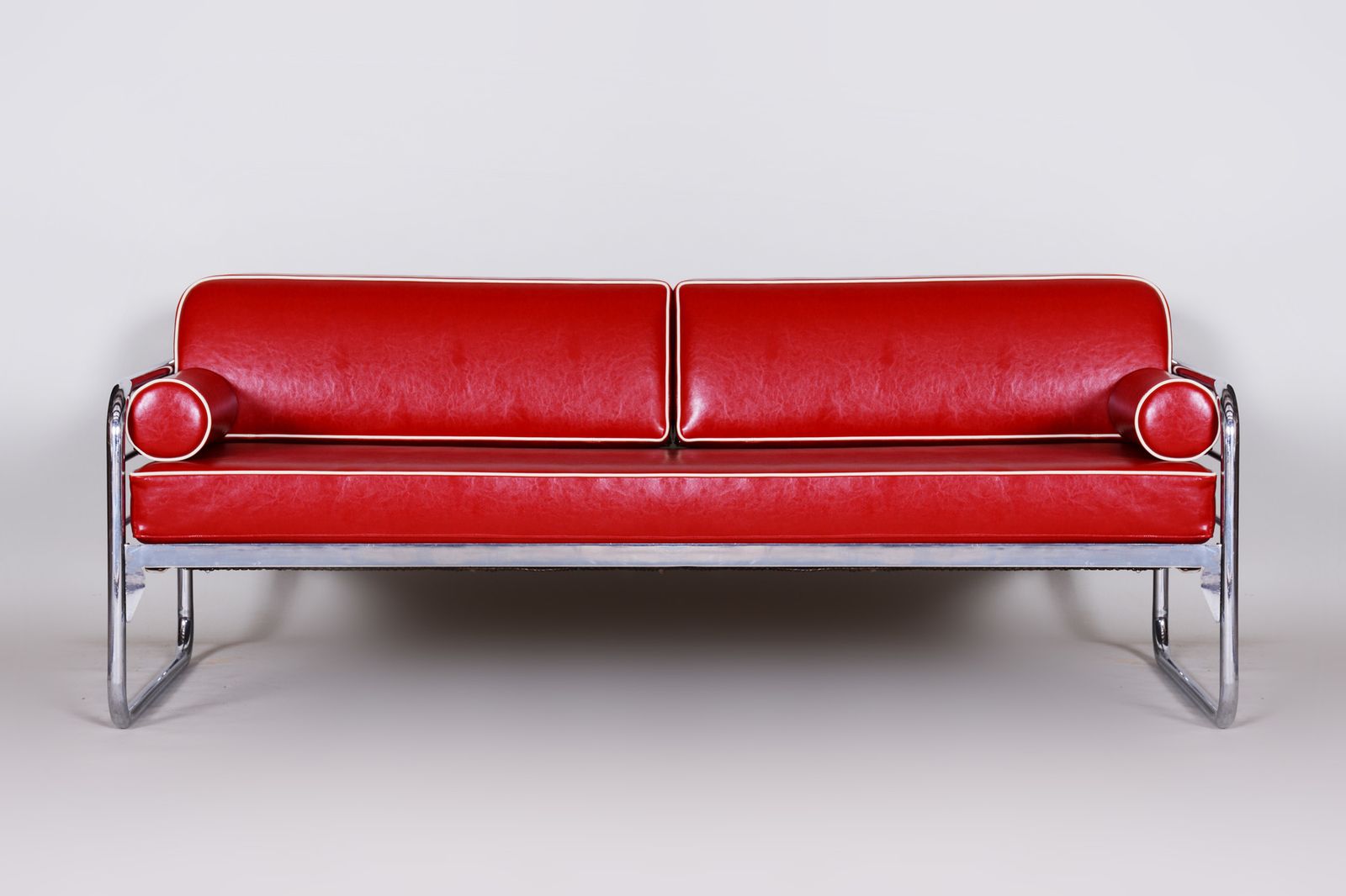Red Leather Sofa Made In 1930s Czechia By Hynekk Gottwald   Fully Restored photo vintage