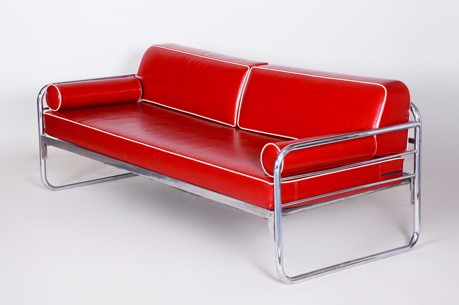 Red Leather Sofa Made In 1930s Czechia By Hynekk Gottwald   Fully Restored