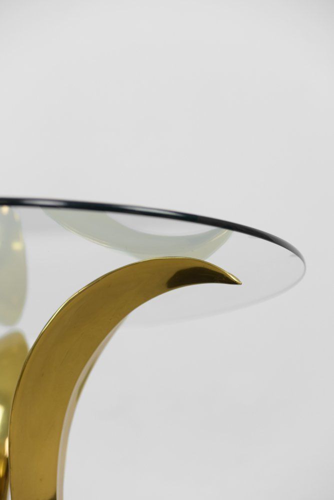 Vintage Hollywood Regency Glass & Brass Palm Leaf Cocktail Coffee Table, 1970s photo vintage