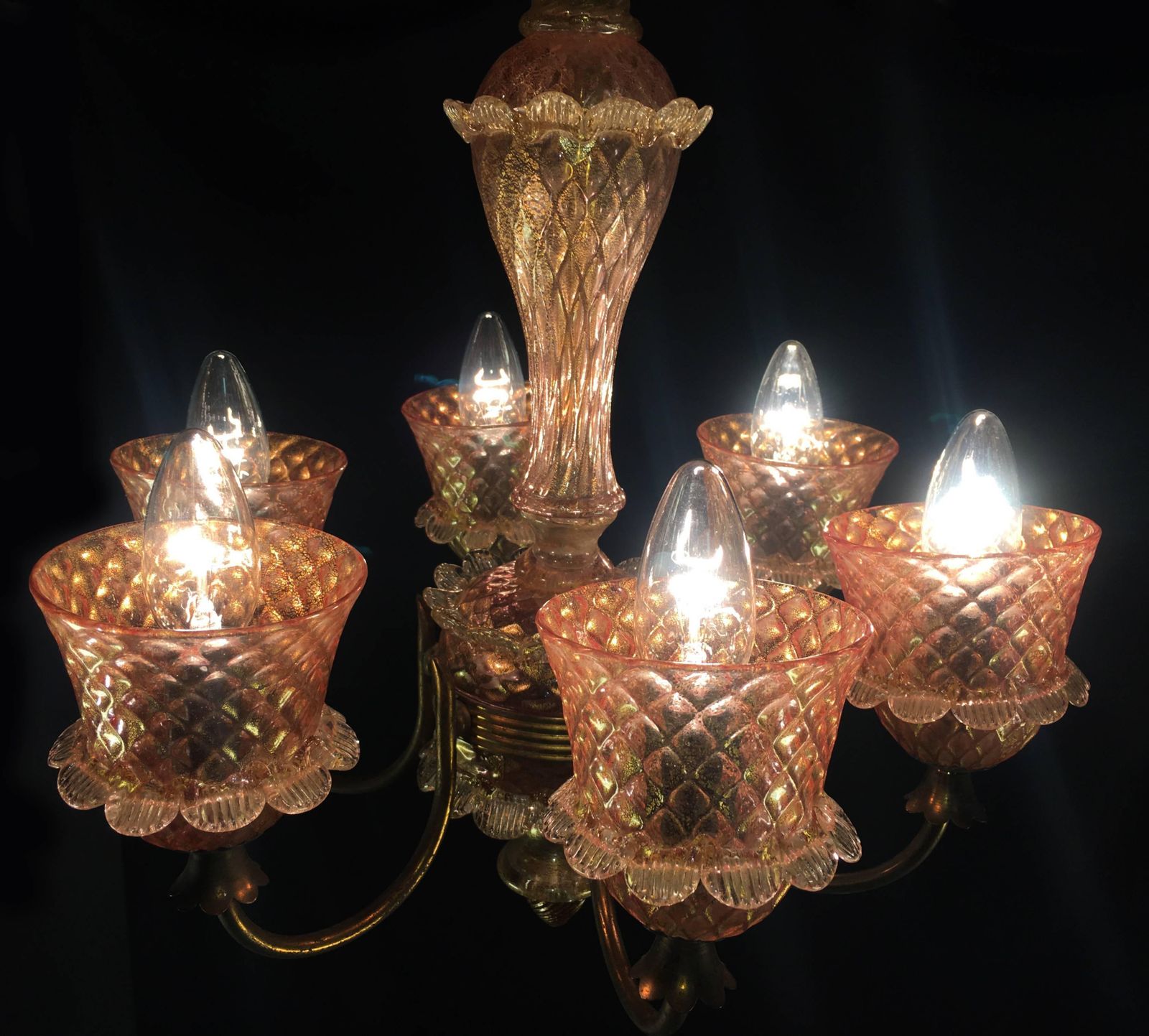 photo vintage Pink And Gold Chandelier By Barovier & Toso, Murano, 1950